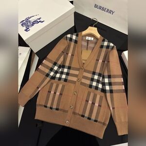 Burberry Brown Tartan Wool V-Neck Knit Cardigan